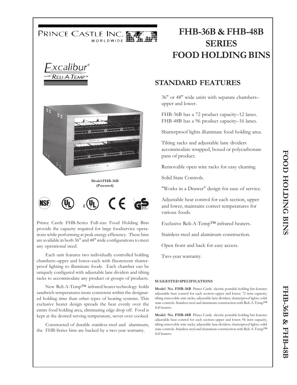 Prince Castle EXCALIBUR FHB-48B User Manual | 2 pages