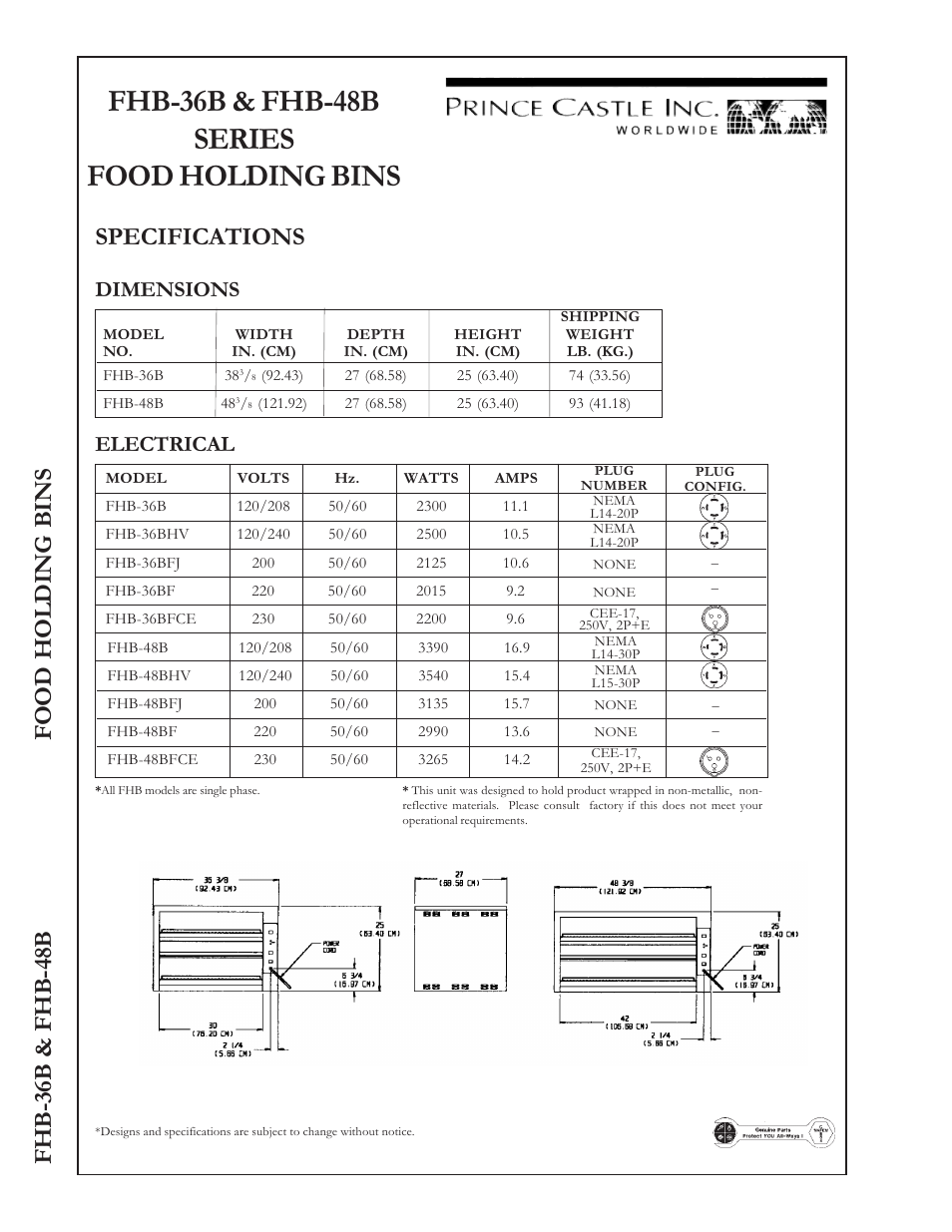 Fhb-36b & fhb-48b series food holding bins, Specifications, Fhb- 36b & fhb- 48b food holding bins | Dimensions, Electrical | Prince Castle EXCALIBUR FHB-48B User Manual | Page 2 / 2
