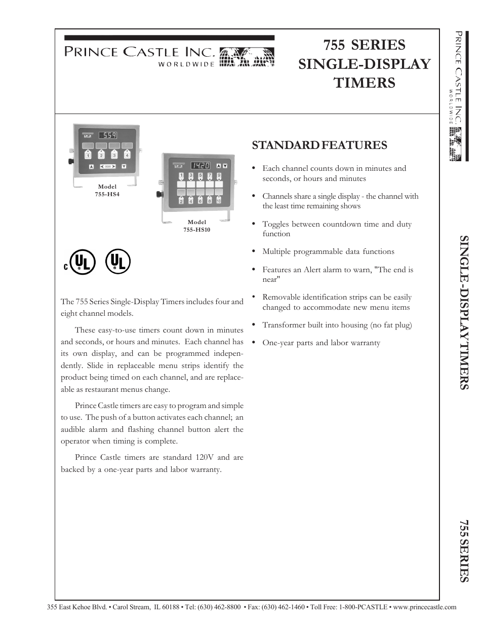 Prince Castle 755 Series Single-Display Timers 755-HS10 User Manual | 2 pages