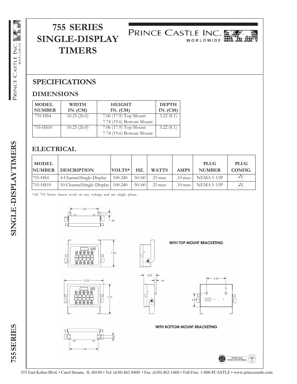 755 series single-display timers, 755 series single -display timers specifications, Dimensions | Electrical | Prince Castle 755 Series Single-Display Timers 755-HS10 User Manual | Page 2 / 2