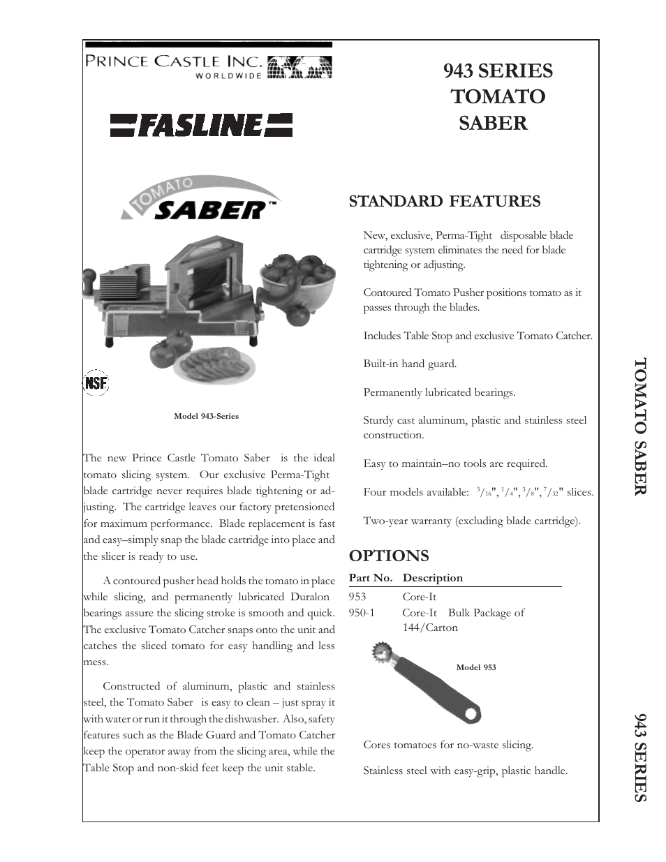 Prince Castle Tomato Saber 943 Series User Manual | 2 pages