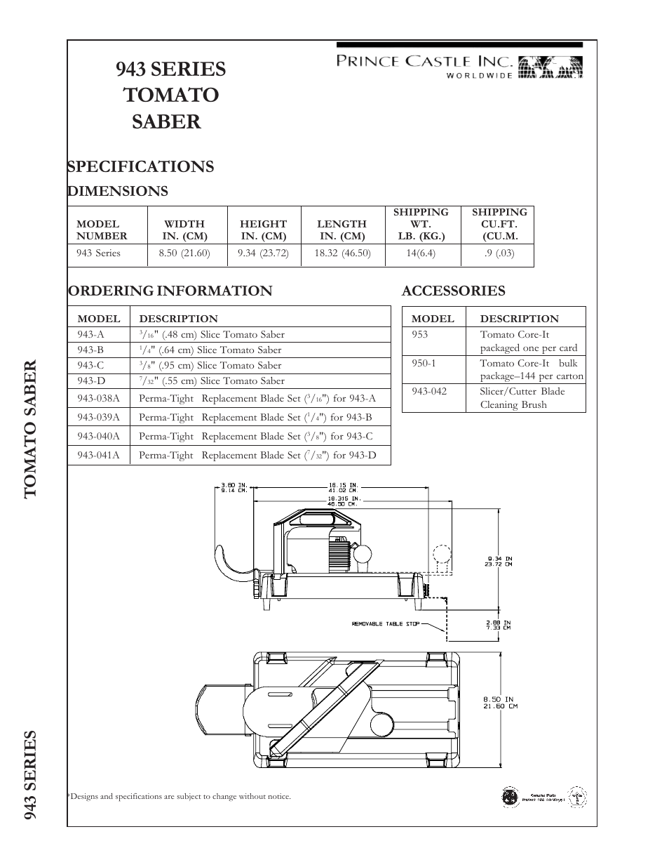 943 series tomato saber, Specifications, Ordering information | Accessories, Dimensions | Prince Castle Tomato Saber 943 Series User Manual | Page 2 / 2