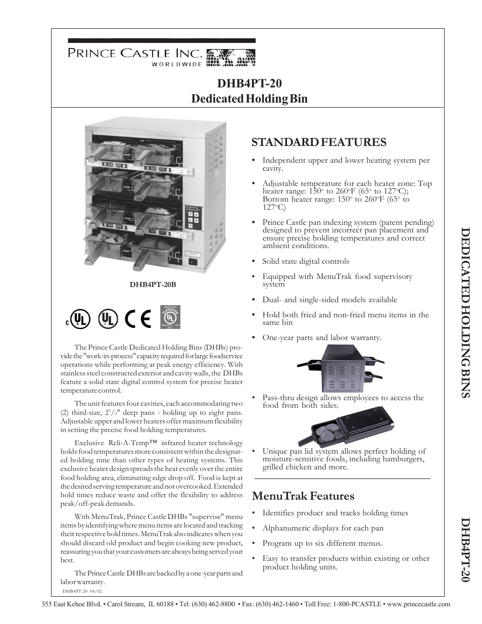 Prince Castle Dedicated Holding Bin DHB4PT-20 User Manual | 2 pages