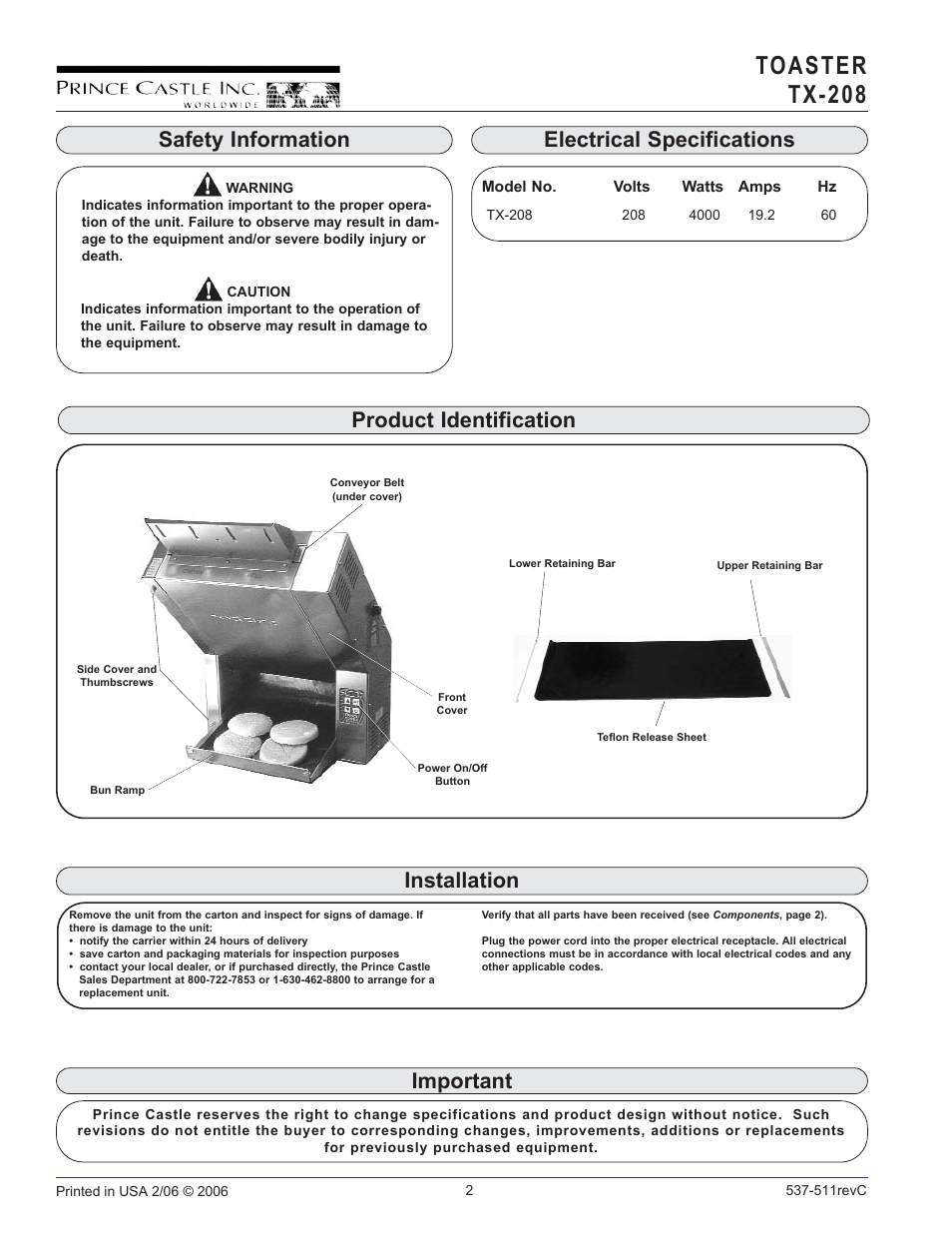 Toaster tx-208, Safety information, Important | Prince Castle TX-208 User Manual | Page 2 / 10