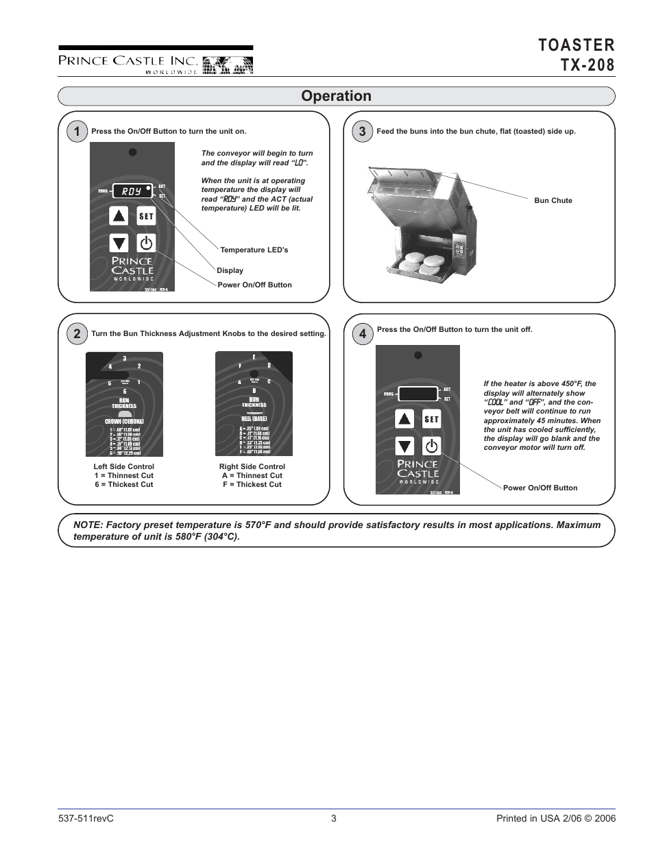 Toaster tx-208, Operation | Prince Castle TX-208 User Manual | Page 3 / 10