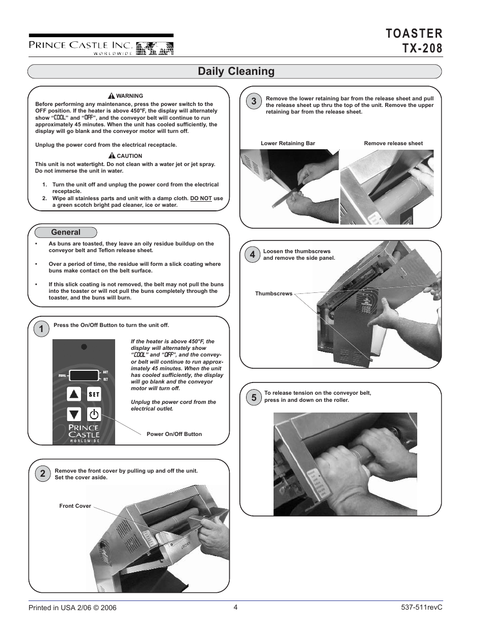 Toaster tx-208, Daily cleaning | Prince Castle TX-208 User Manual | Page 4 / 10