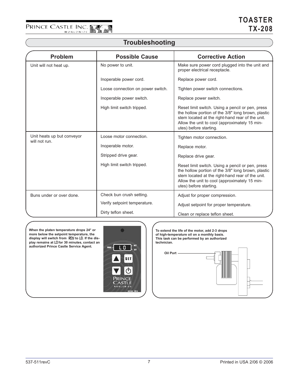 Toaster tx-208, Troubleshooting, Problem possible cause corrective action | Prince Castle TX-208 User Manual | Page 7 / 10