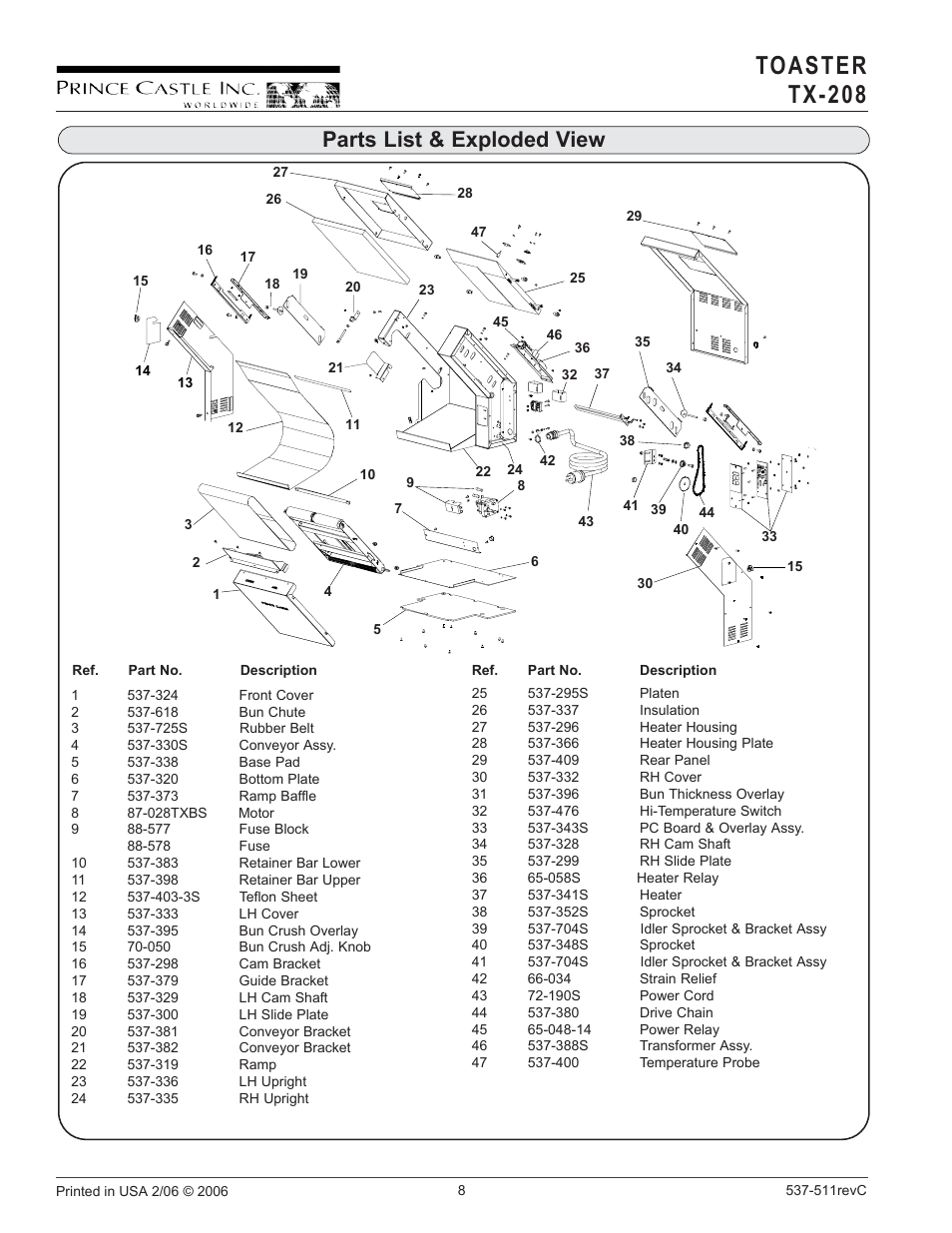 Toaster tx-208, Parts list & exploded view | Prince Castle TX-208 User Manual | Page 8 / 10