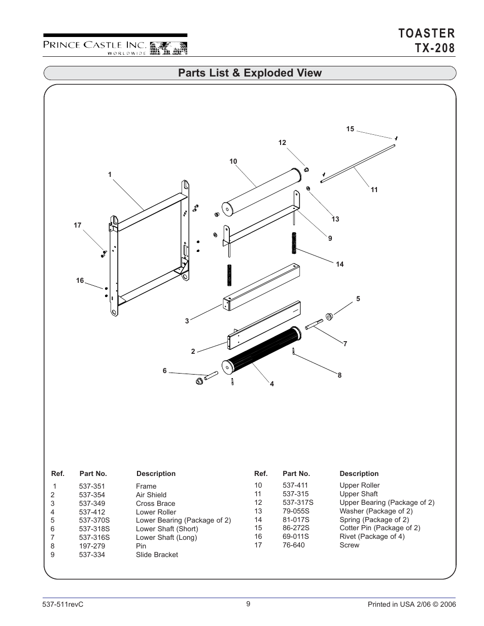 Toaster tx-208, Parts list & exploded view | Prince Castle TX-208 User Manual | Page 9 / 10