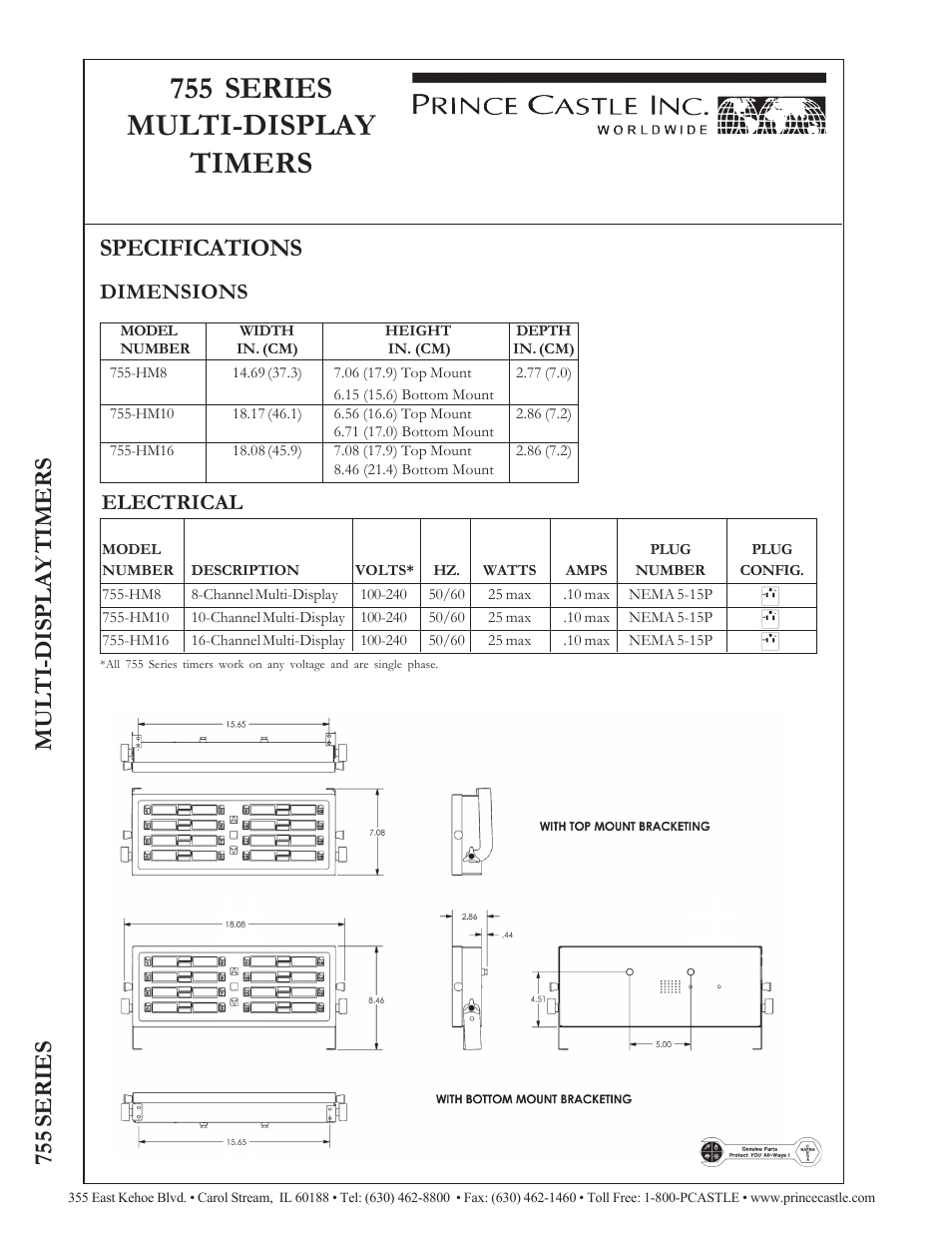 755 series multi-display timers, Specifications, Dimensions electrical | Prince Castle 755-HM16 User Manual | Page 2 / 2