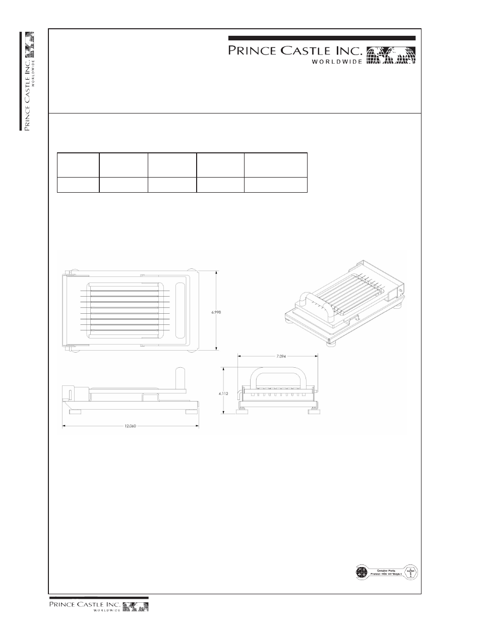 Specifications, B chicken slicer, Dimensions | Prince Castle Chicken Slicer 965-B User Manual | Page 2 / 2