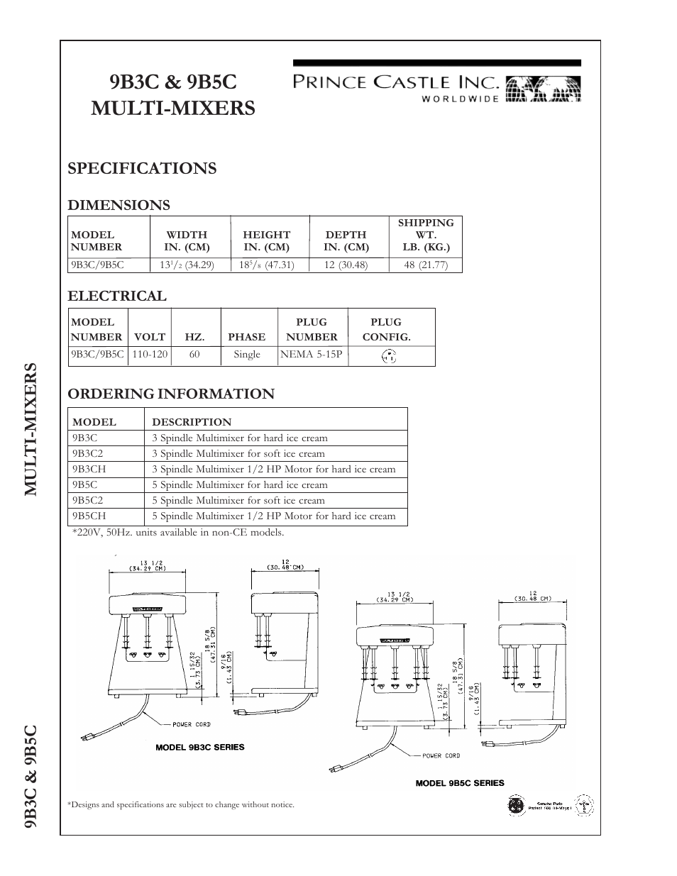 9b3c & 9b5c multi-mixers, Specifications, 9b3c & 9b5c mul ti-mixers | Dimensions, Electrical ordering information | Prince Castle MULTI-MIXER 9B5C User Manual | Page 2 / 2