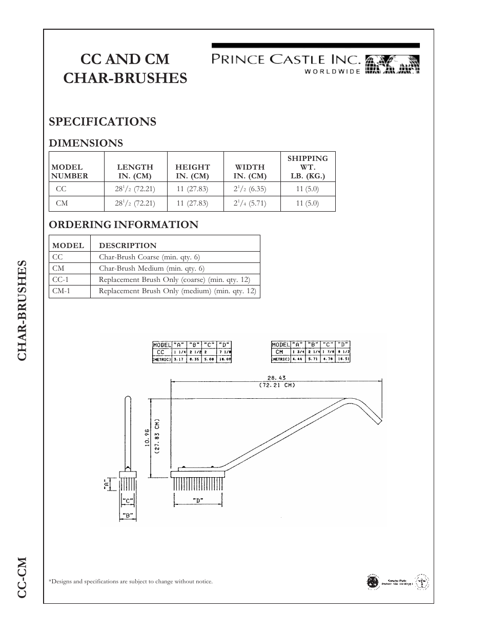 Cc and cm char-brushes, Specifications, Cc-cm char-brushes | Dimensions, Ordering information | Prince Castle Char-Brushes CC User Manual | Page 2 / 2