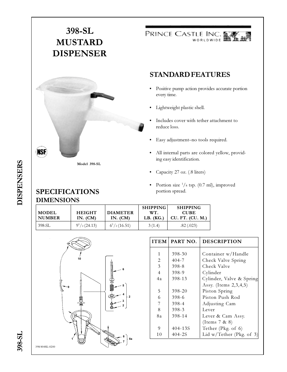 Prince Castle MUSTARD DISPENSER 398-SL User Manual | 1 page