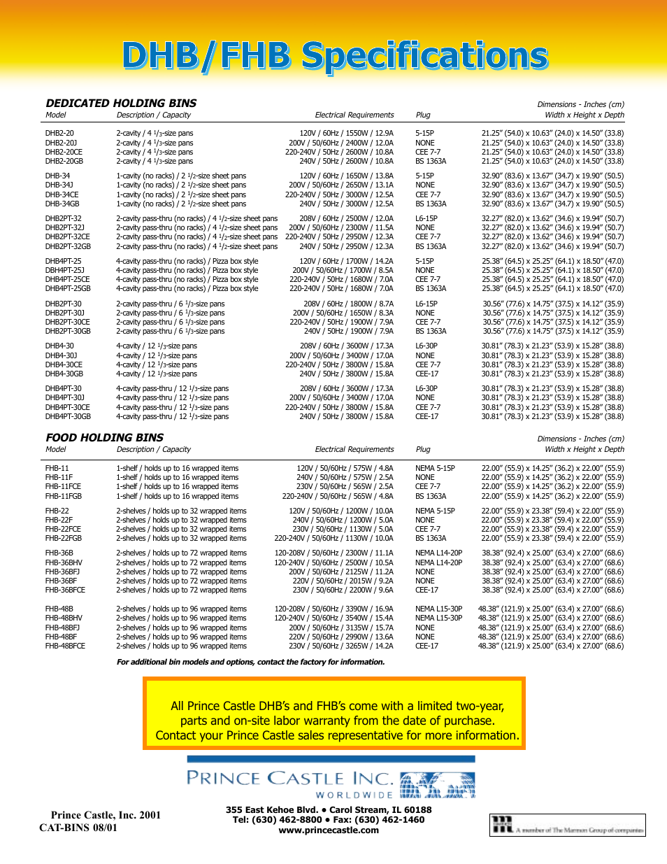 Dhb / fhb product warranty, Dedicated holding bins, Food holding bins | Prince Castle Bins none User Manual | Page 6 / 6