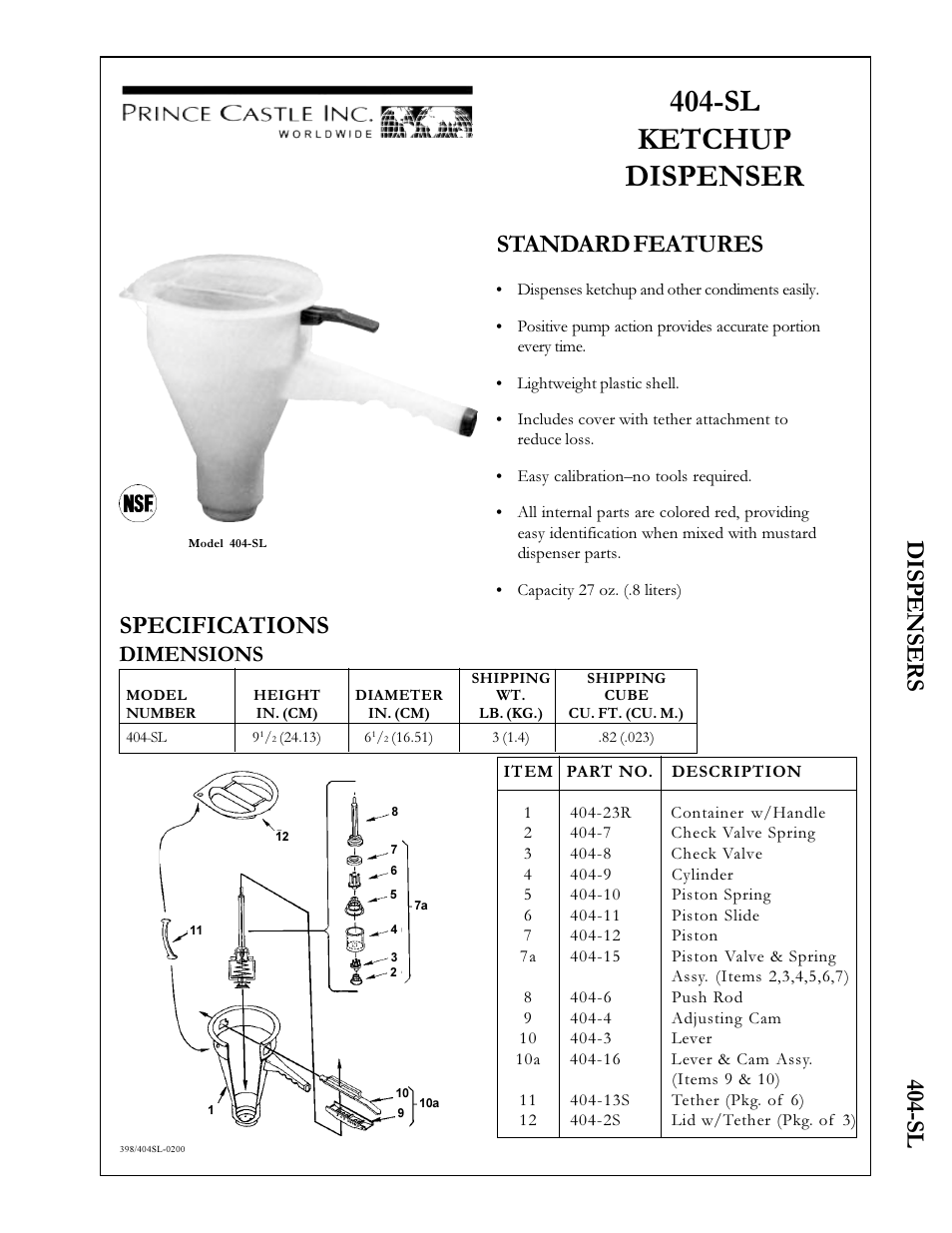 Prince Castle Ketchup Dispenser 404-SL User Manual | 1 page