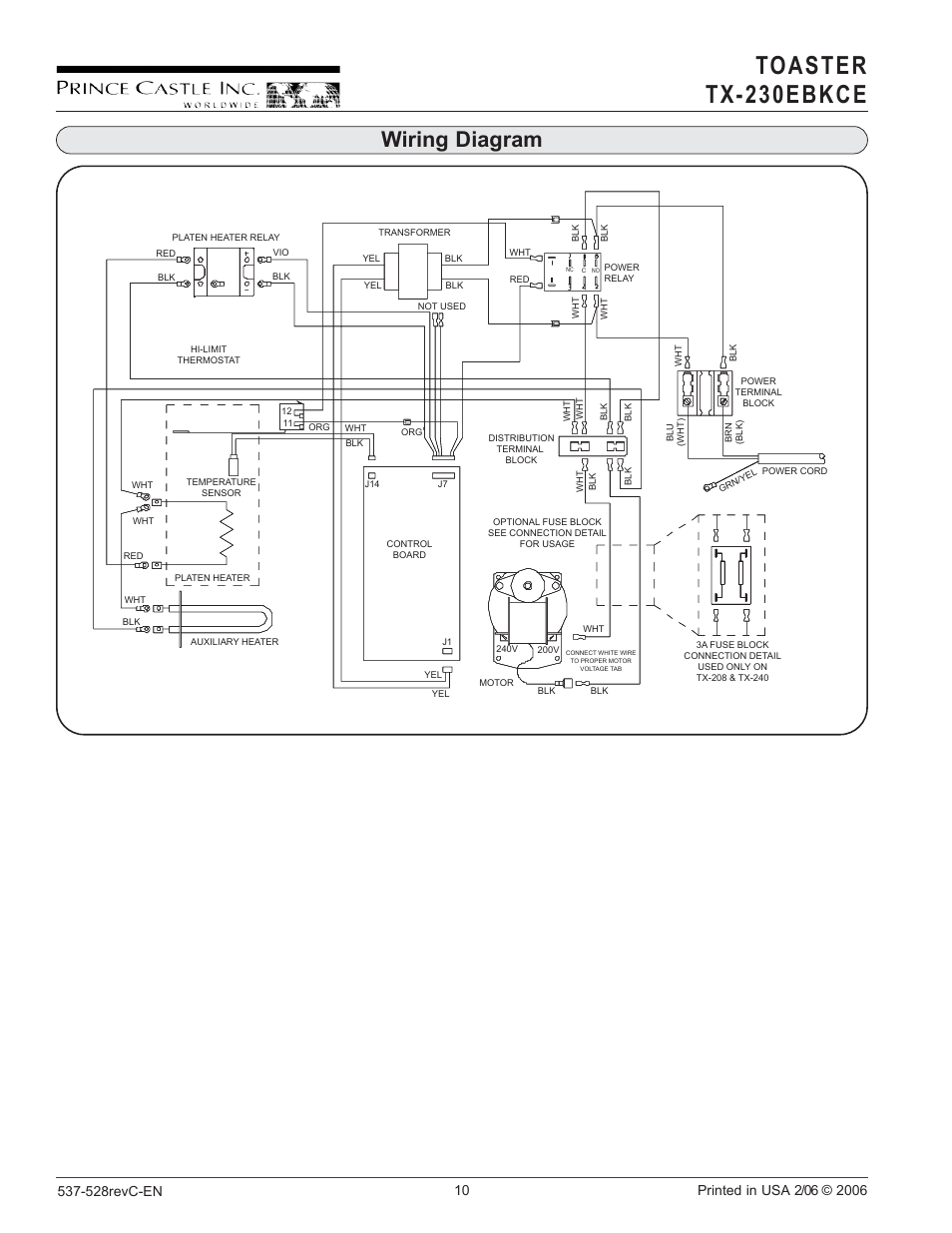 Toaster tx-230 ebkce, Wiring diagram | Prince Castle TX-230EBKCE User Manual | Page 10 / 10