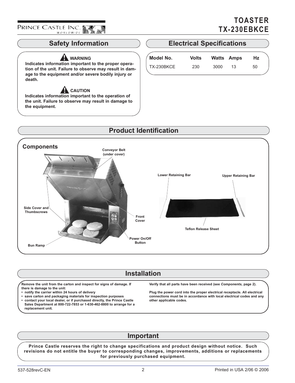 Toaster tx-230 ebkce, Safety information, Important | Components | Prince Castle TX-230EBKCE User Manual | Page 2 / 10