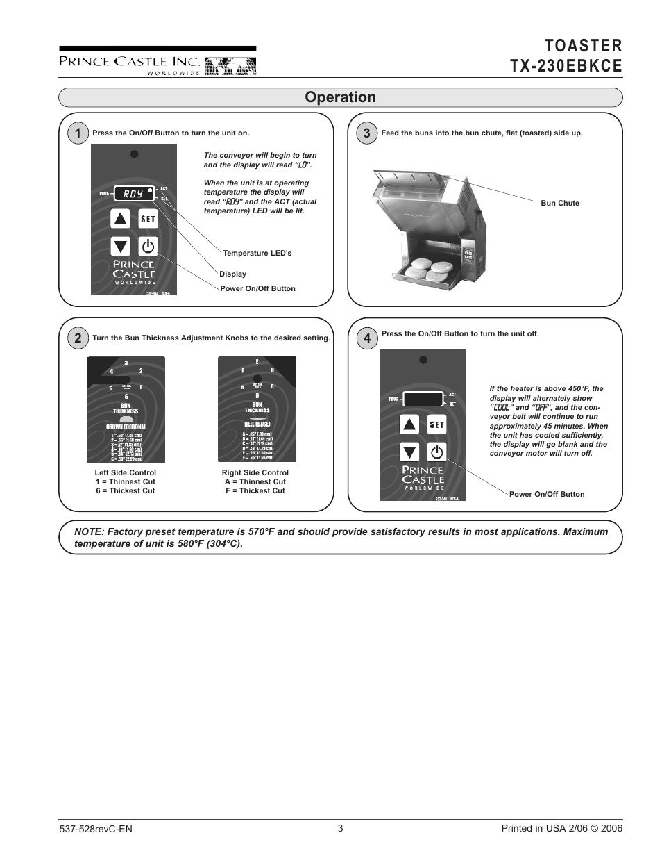 Toaster tx-230 ebkce, Operation | Prince Castle TX-230EBKCE User Manual | Page 3 / 10