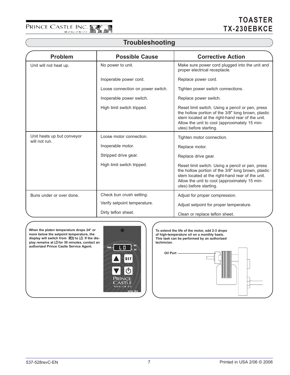 Toaster tx-230 ebkce, Troubleshooting, Problem possible cause corrective action | Prince Castle TX-230EBKCE User Manual | Page 7 / 10