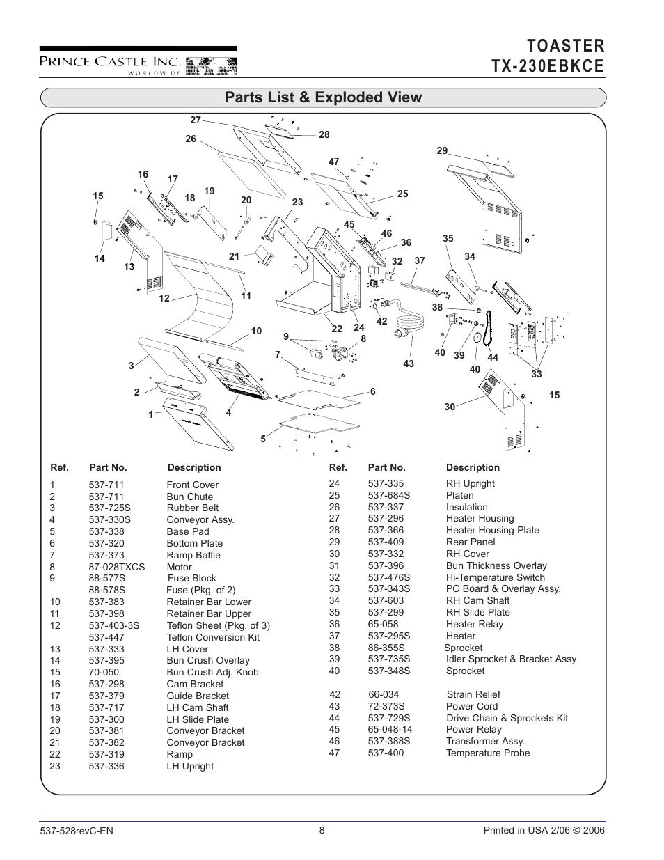 Toaster tx-230 ebkce, Parts list & exploded view | Prince Castle TX-230EBKCE User Manual | Page 8 / 10