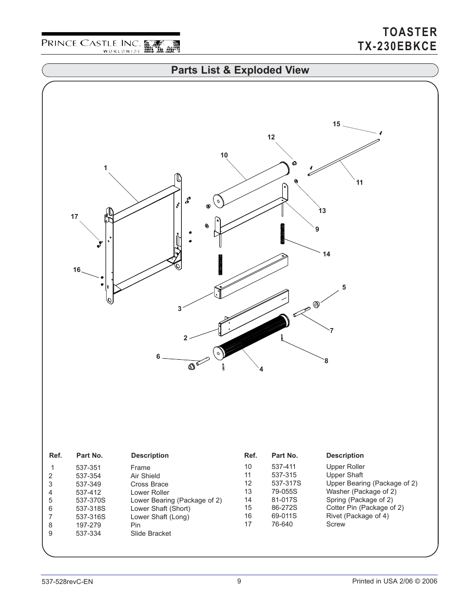 Toaster tx-230 ebkce, Parts list & exploded view | Prince Castle TX-230EBKCE User Manual | Page 9 / 10