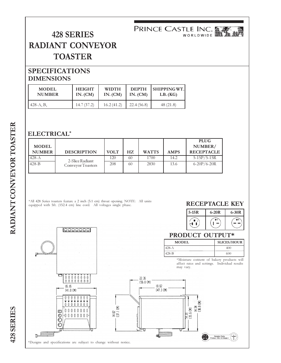 428 series radiant conveyor toaster, 428 series radiant convey or t o aster, Specifications | Dimensions, Receptacle key, Electrical, Product output | Prince Castle 428 Series User Manual | Page 2 / 2