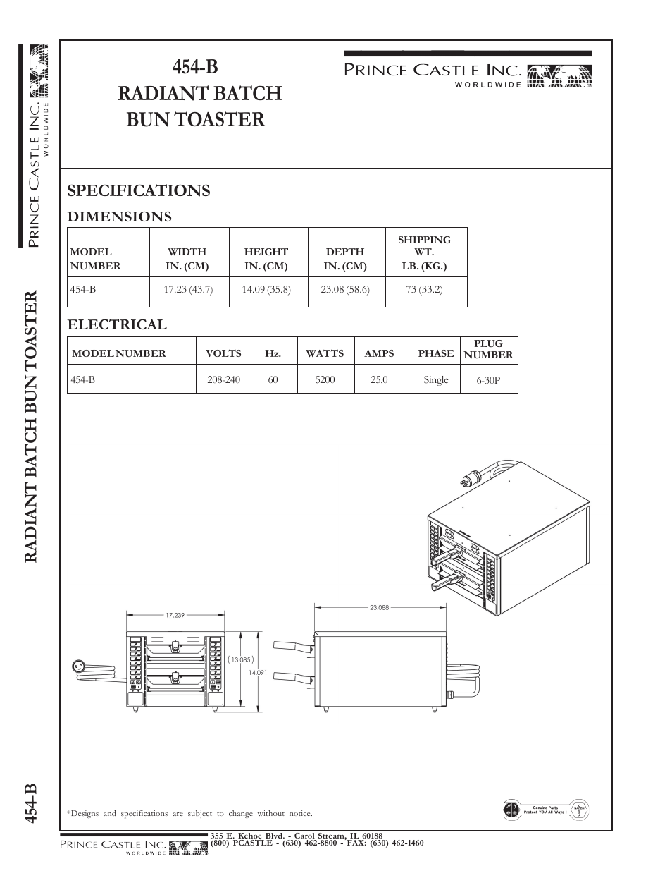 B radiant batch bun toaster | Prince Castle 454-B User Manual | Page 2 / 2