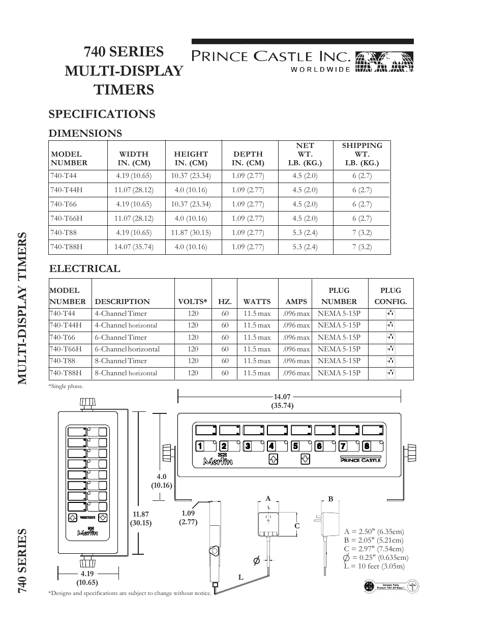 740 series multi-display timers, Specifications, 740 series mul ti-displa y timers | Dimensions, Electrical | Prince Castle 740-T66H User Manual | Page 2 / 2