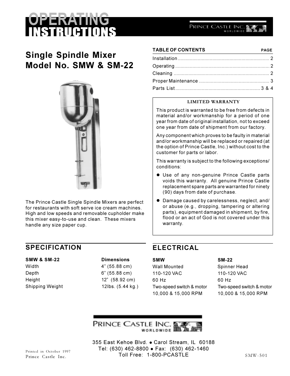 Prince Castle SM-22 User Manual | 4 pages