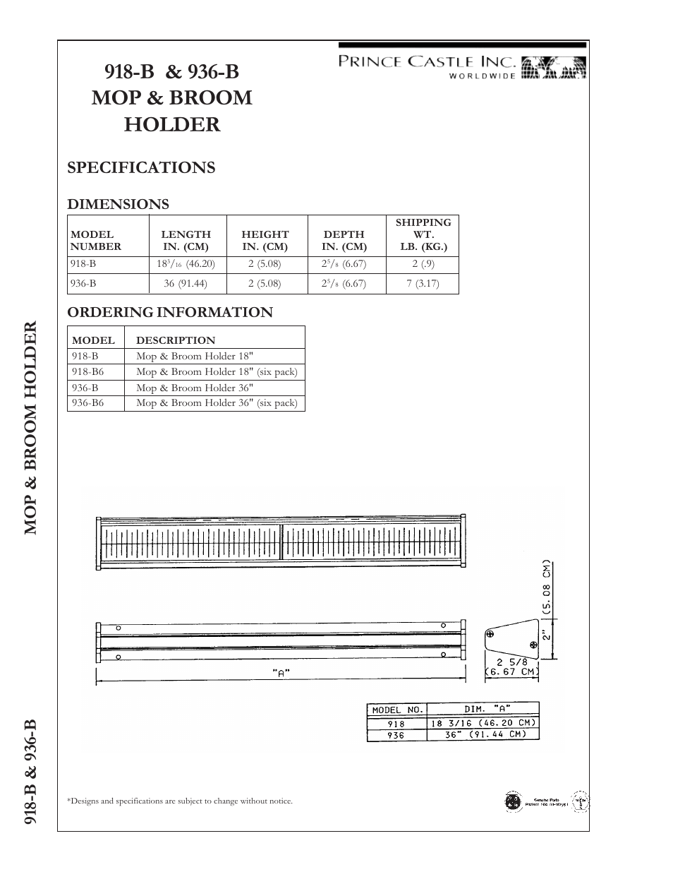 B & 936-b mop & broom holder, Specifications, B & 936-b mop & br oom holder | Dimensions ordering information | Prince Castle 936-B User Manual | Page 2 / 2