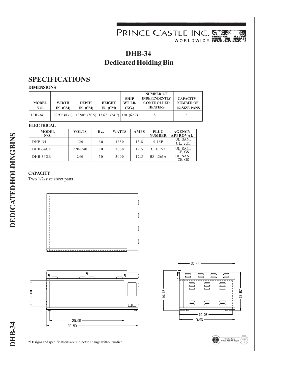 Specifications | Prince Castle DHB-34 User Manual | Page 2 / 2