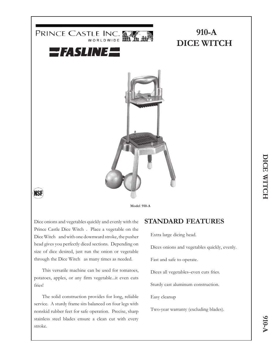 Prince Castle Dice Witch 910-A User Manual | 2 pages