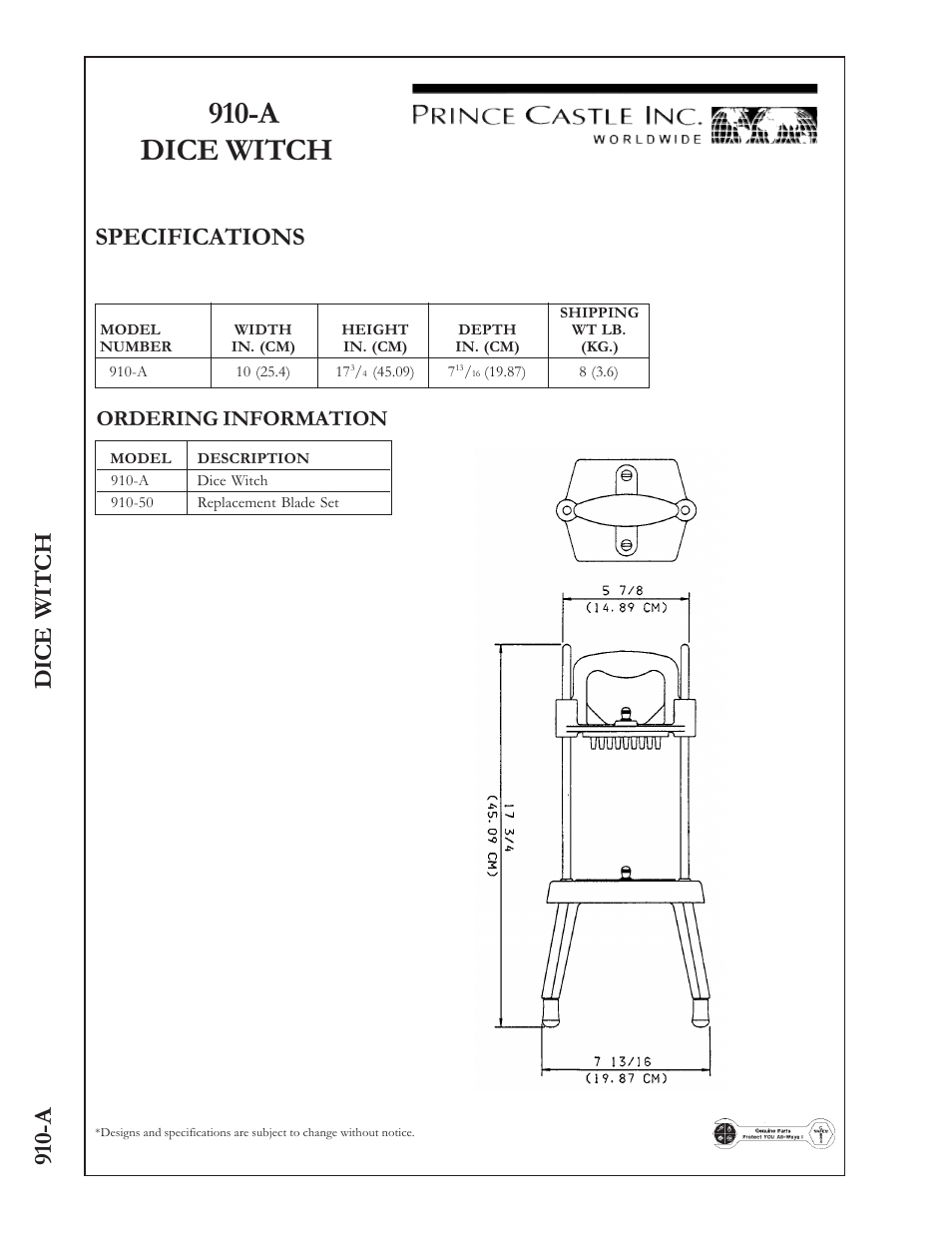 A dice witch, Specifications, A d ic e wit c h | Ordering information | Prince Castle Dice Witch 910-A User Manual | Page 2 / 2