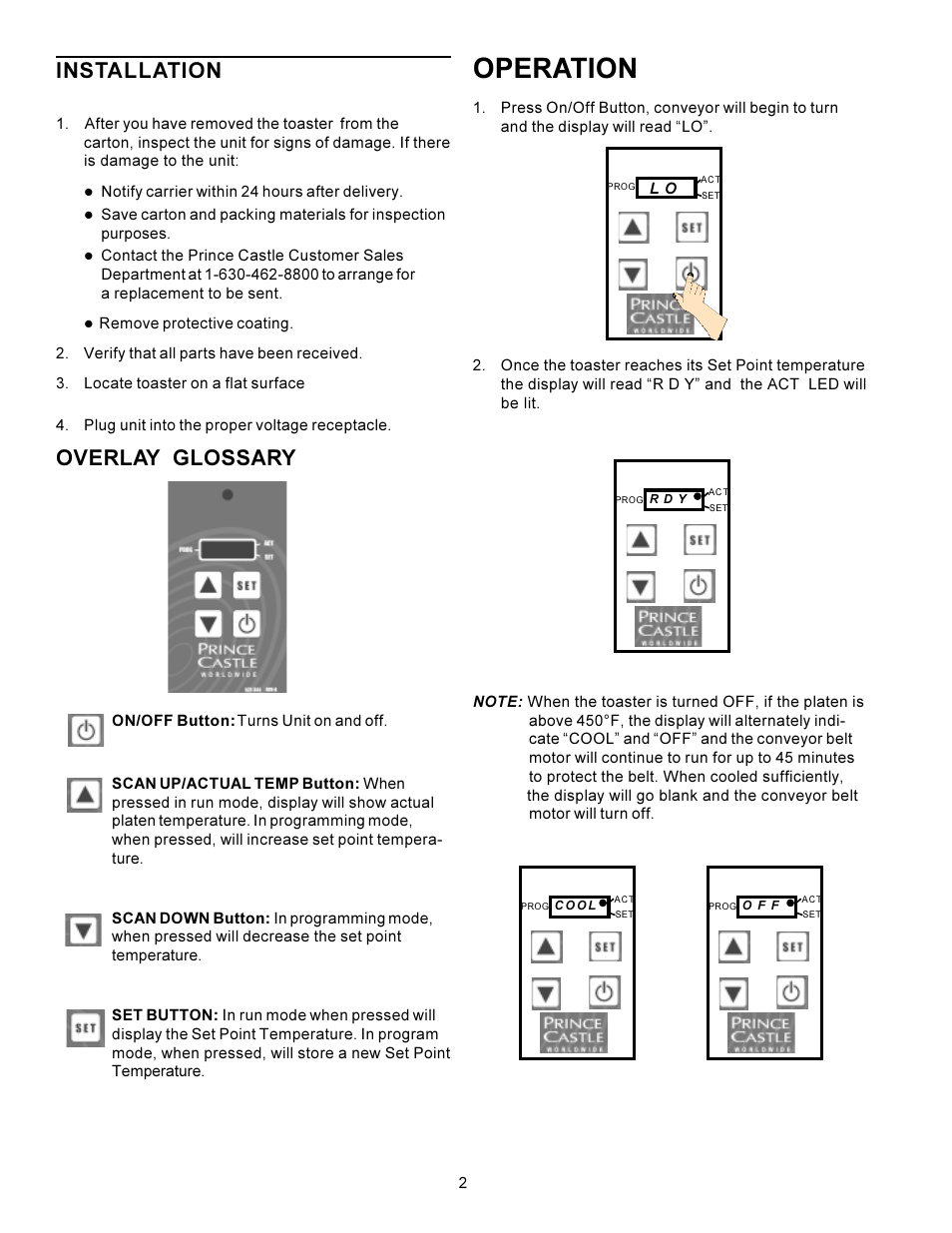 Operation, Installation, Overlay glossary | Prince Castle TX Series User Manual | Page 2 / 8