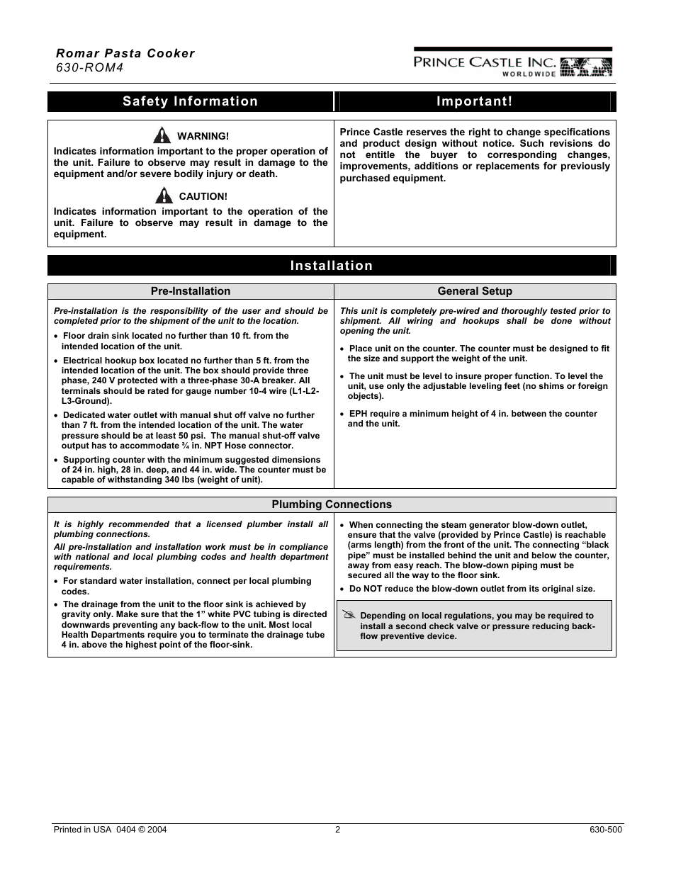 Safety information, Important, Installation | Safety information important, Romar pasta cooker 630-rom4 | Prince Castle 630-ROM4 User Manual | Page 2 / 9