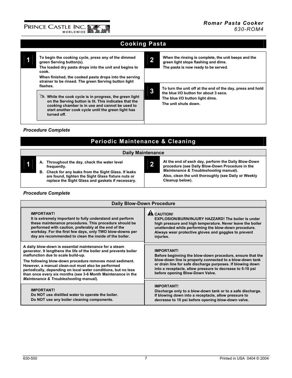 Cooking pasta, Periodic maintenance & cleaning | Prince Castle 630-ROM4 User Manual | Page 7 / 9