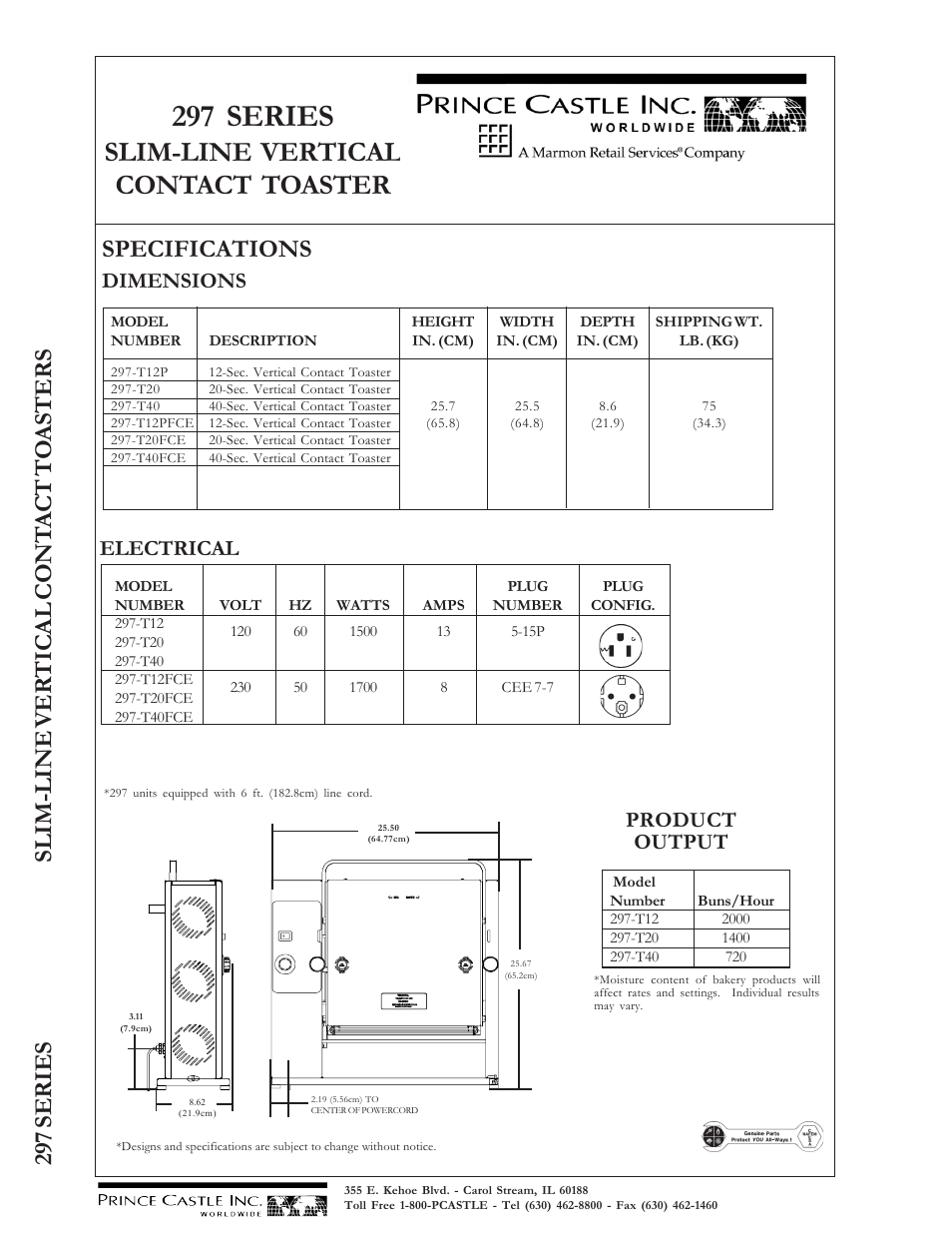 297 series, Slim-line vertical contact toaster, Specifications | Dimensions electrical, Product output | Prince Castle 297 Series User Manual | Page 2 / 2