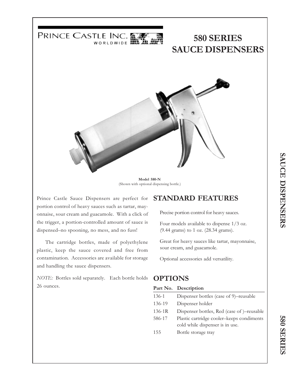 Prince Castle Sauce Dispenser 580 Series User Manual | 2 pages