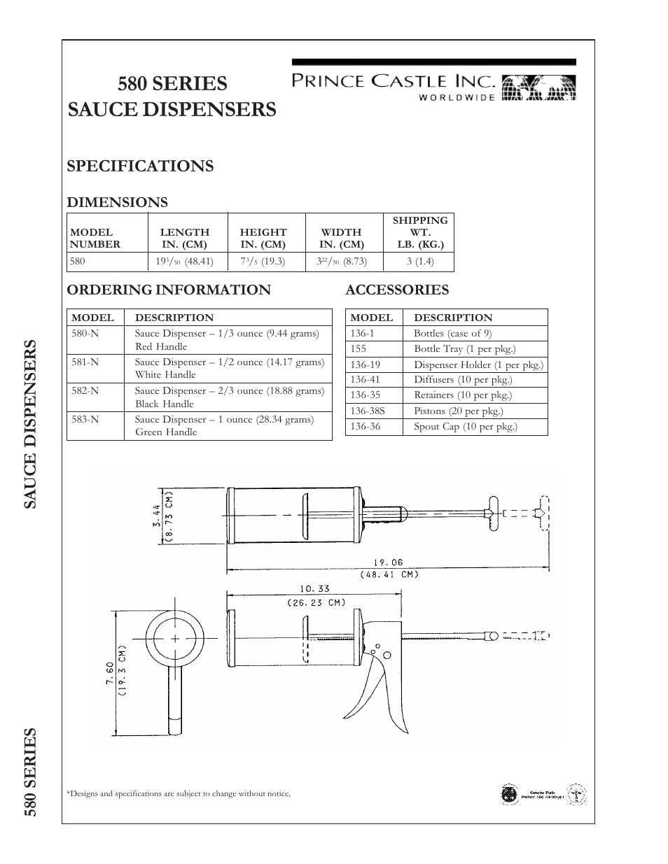 580 series sauce dispensers, Specifications, 580 series sa uce dispensers | Accessories, Ordering information, Dimensions | Prince Castle Sauce Dispenser 580 Series User Manual | Page 2 / 2