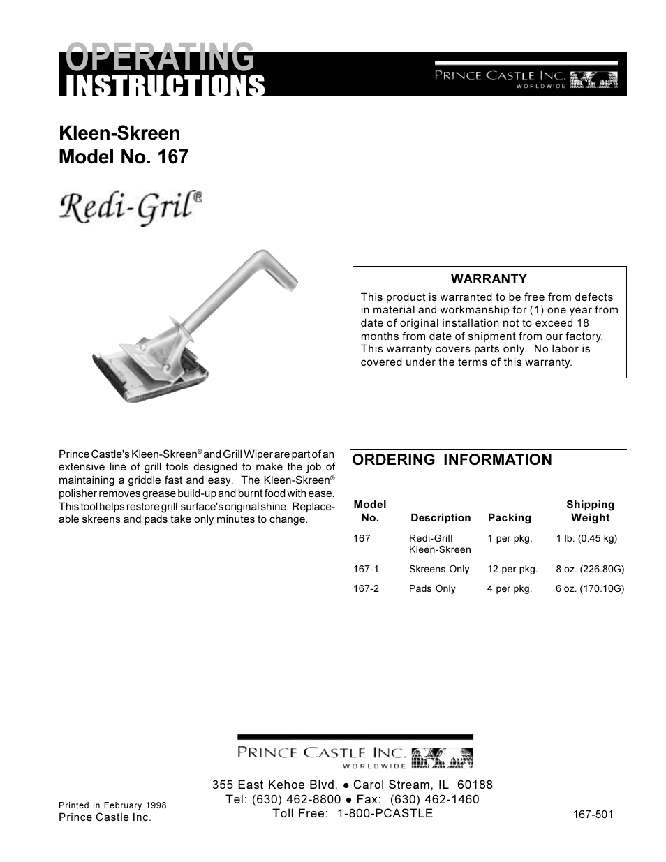 Prince Castle KLEEN-SKREEN 167 User Manual | 2 pages