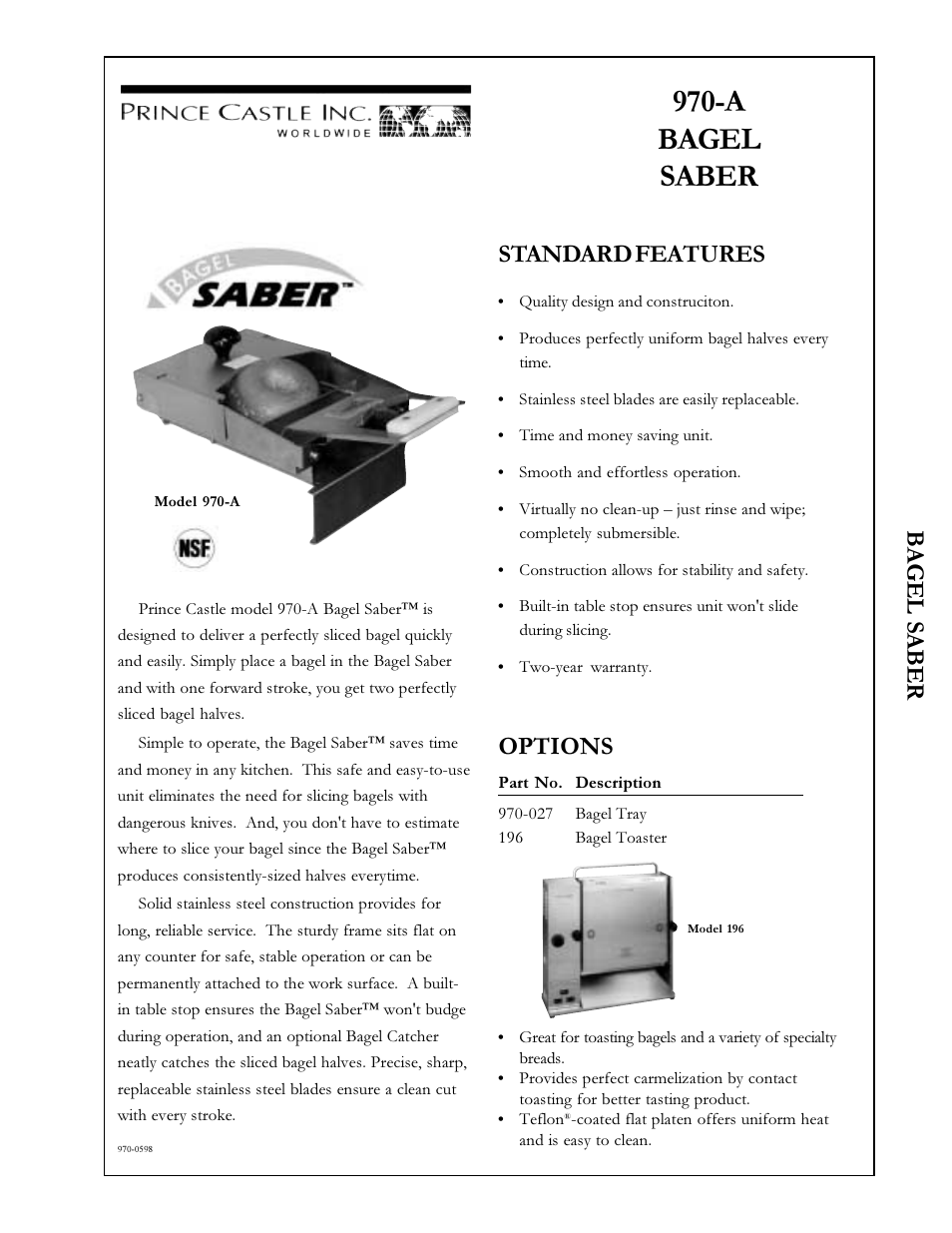 A bagel saber, Bagel saber standard features, Options | Prince Castle 970-A User Manual | Page 2 / 2