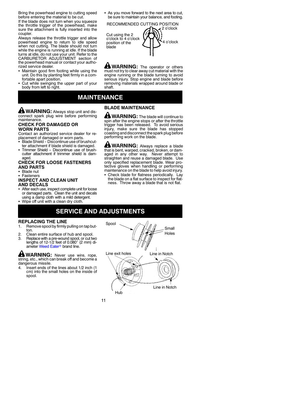 Maintenance, Service and adjustments, Warning | Poulan 530164264 User Manual | Page 11 / 12