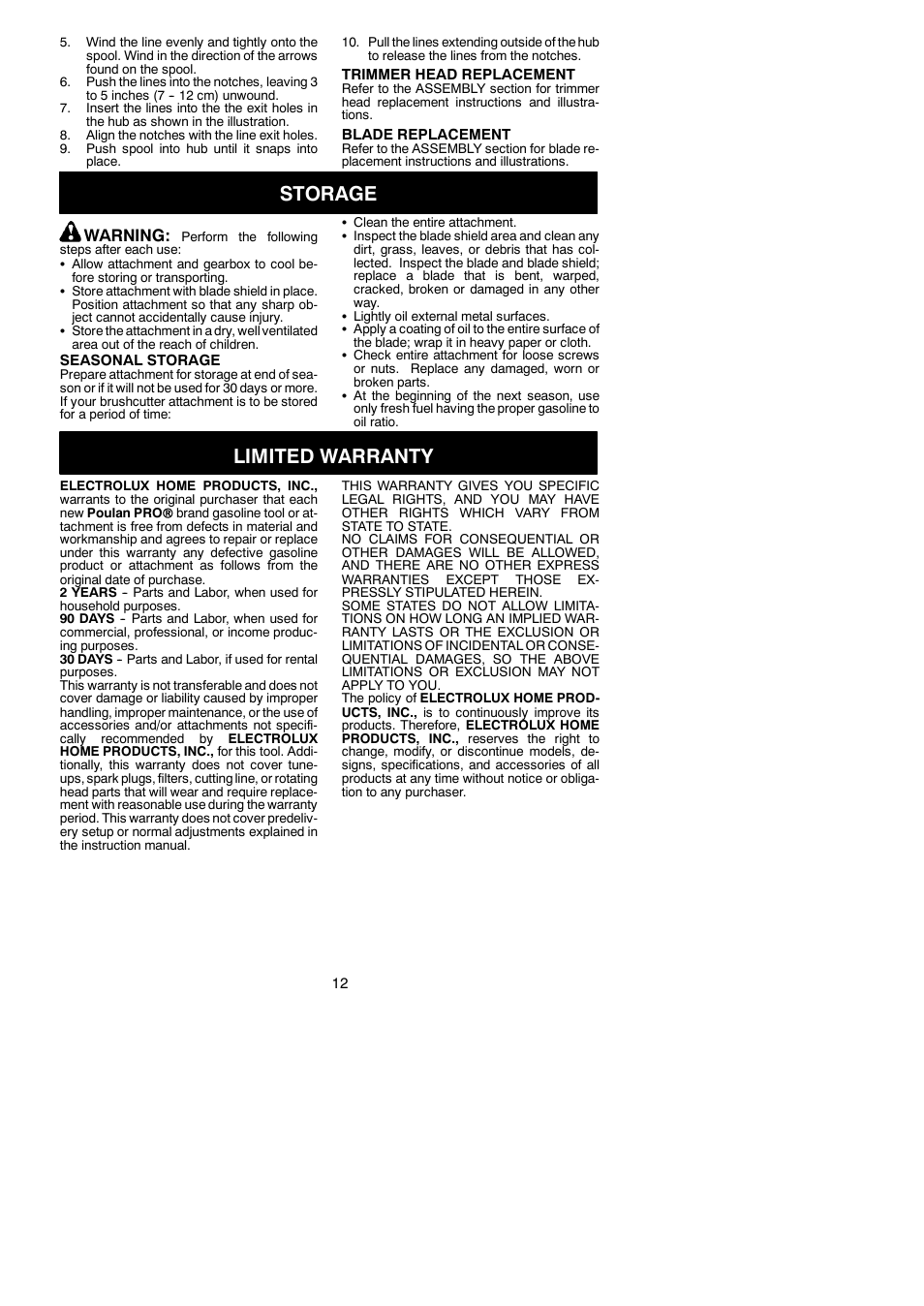 Storage, Limited warranty, Warning | Poulan 530164264 User Manual | Page 12 / 12