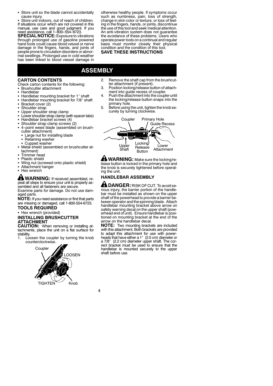 Assembly, Warning, Danger | Poulan 530164264 User Manual | Page 4 / 12