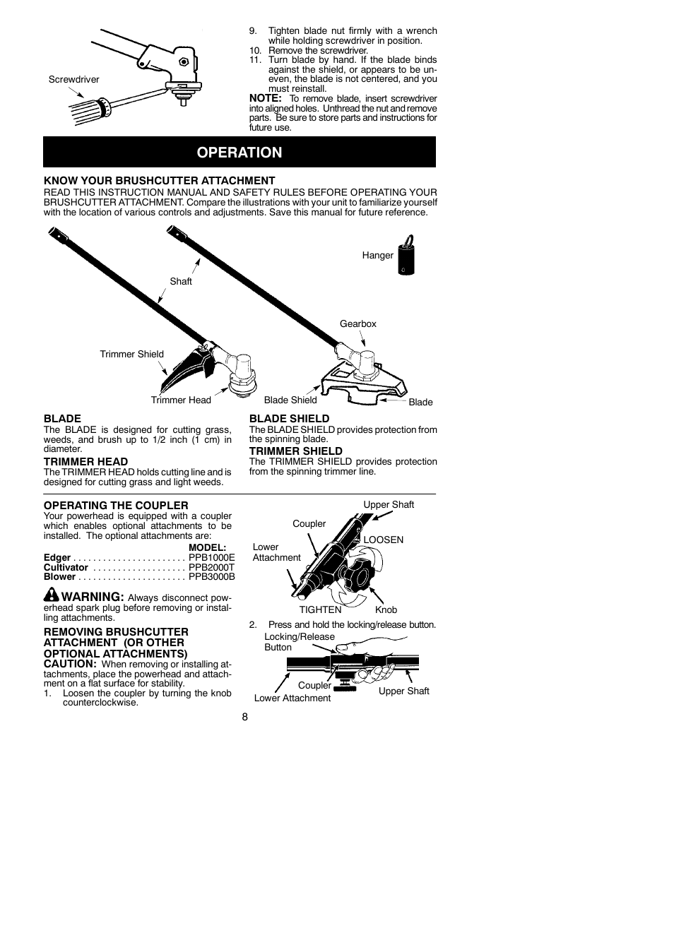 Operation, Warning | Poulan 530164264 User Manual | Page 8 / 12