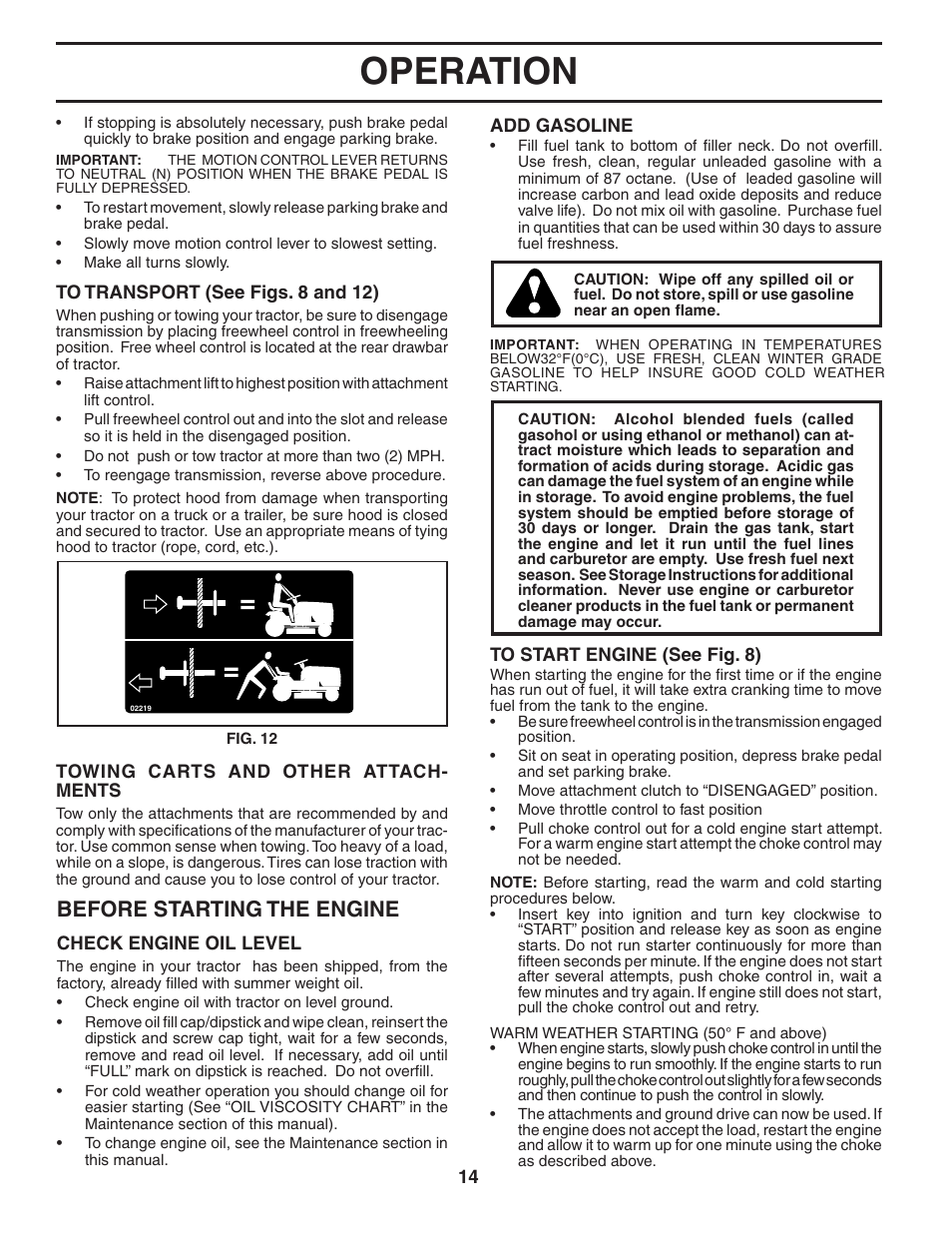 Operation, Before starting the engine | Poulan 195806 User Manual | Page 14 / 32