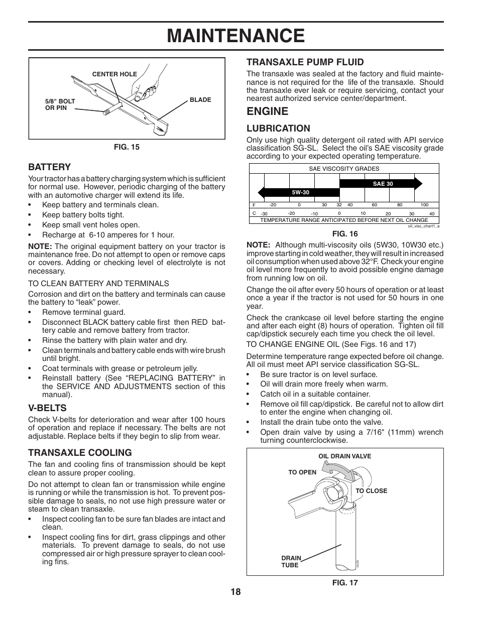 Maintenance, Engine, Transaxle cooling | V-belts, Battery, Transaxle pump fluid, Lubrication | Poulan 195806 User Manual | Page 18 / 32