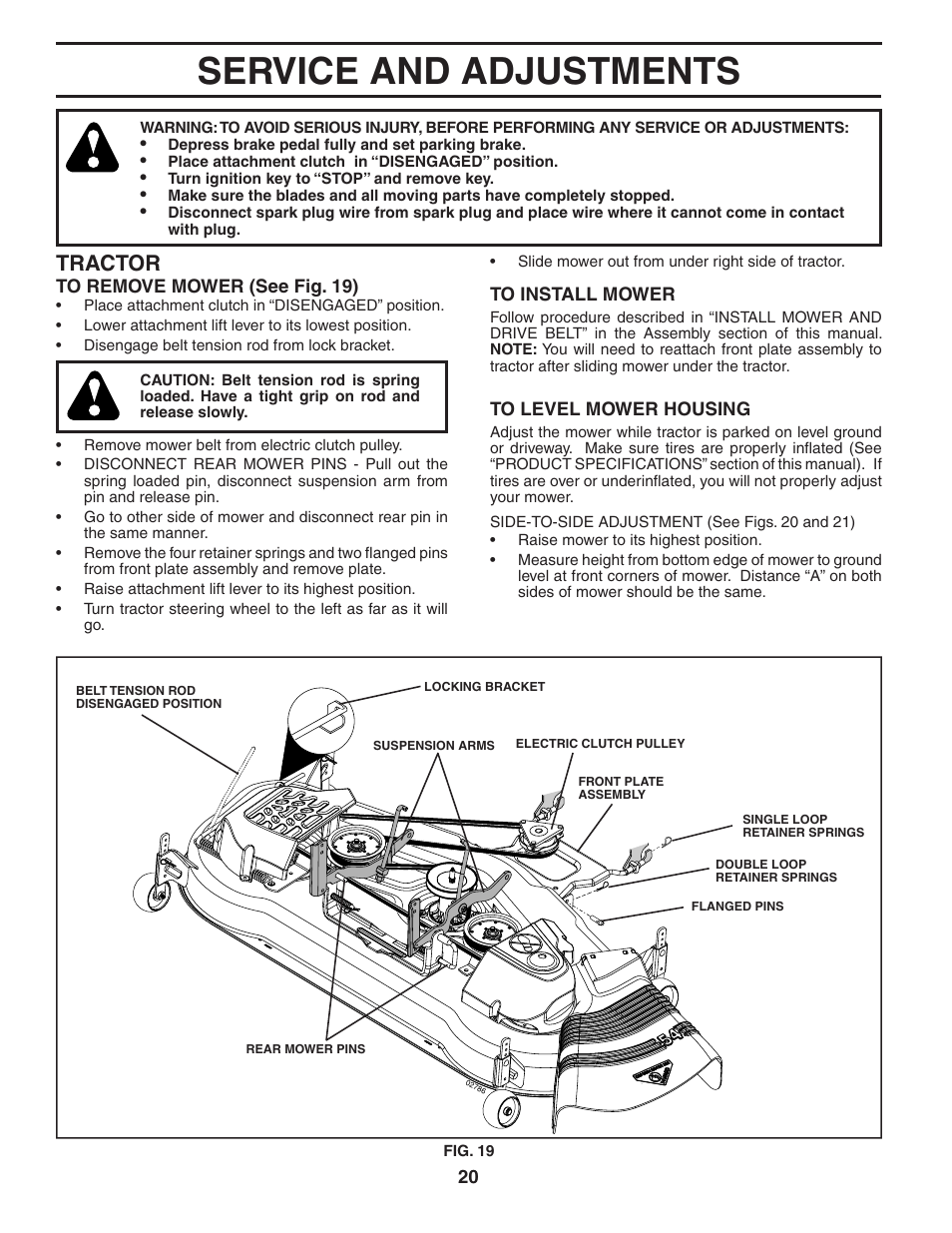 Service and adjustments, Tractor | Poulan 195806 User Manual | Page 20 / 32