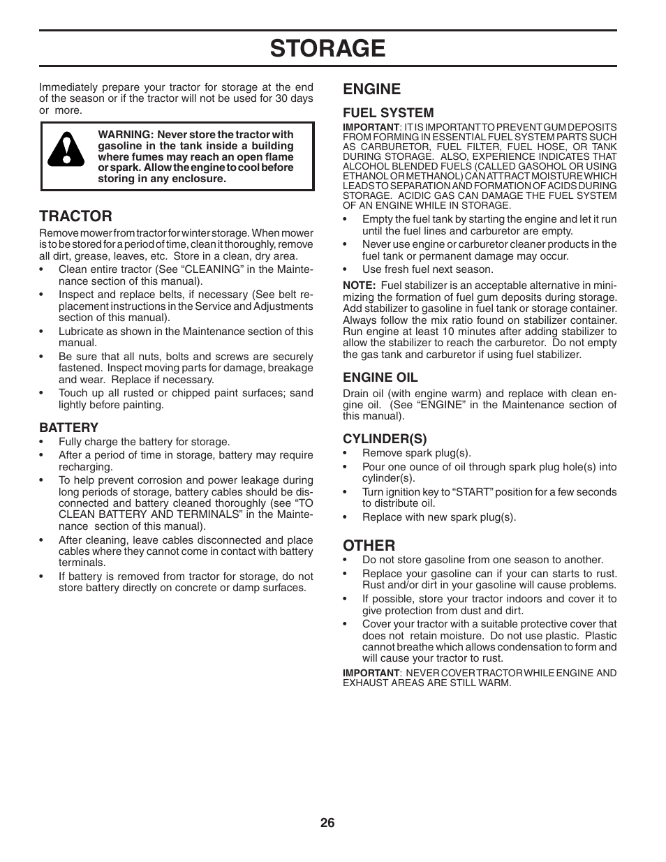 Storage, Tractor, Engine | Other | Poulan 195806 User Manual | Page 26 / 32